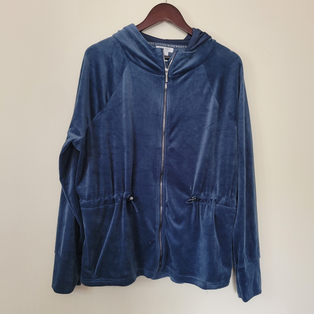 Nine West Blue Velour Zip-Up Hoodie Spring Soft Everyday Lounge Drawstring Waist